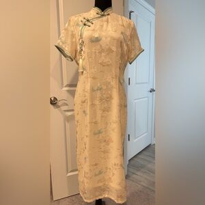 Elegant Cream and Green Cheongsam Dress